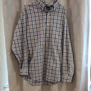 Roundtree And Yorke Tan and Blue Plaid Button-Down Shirt XL